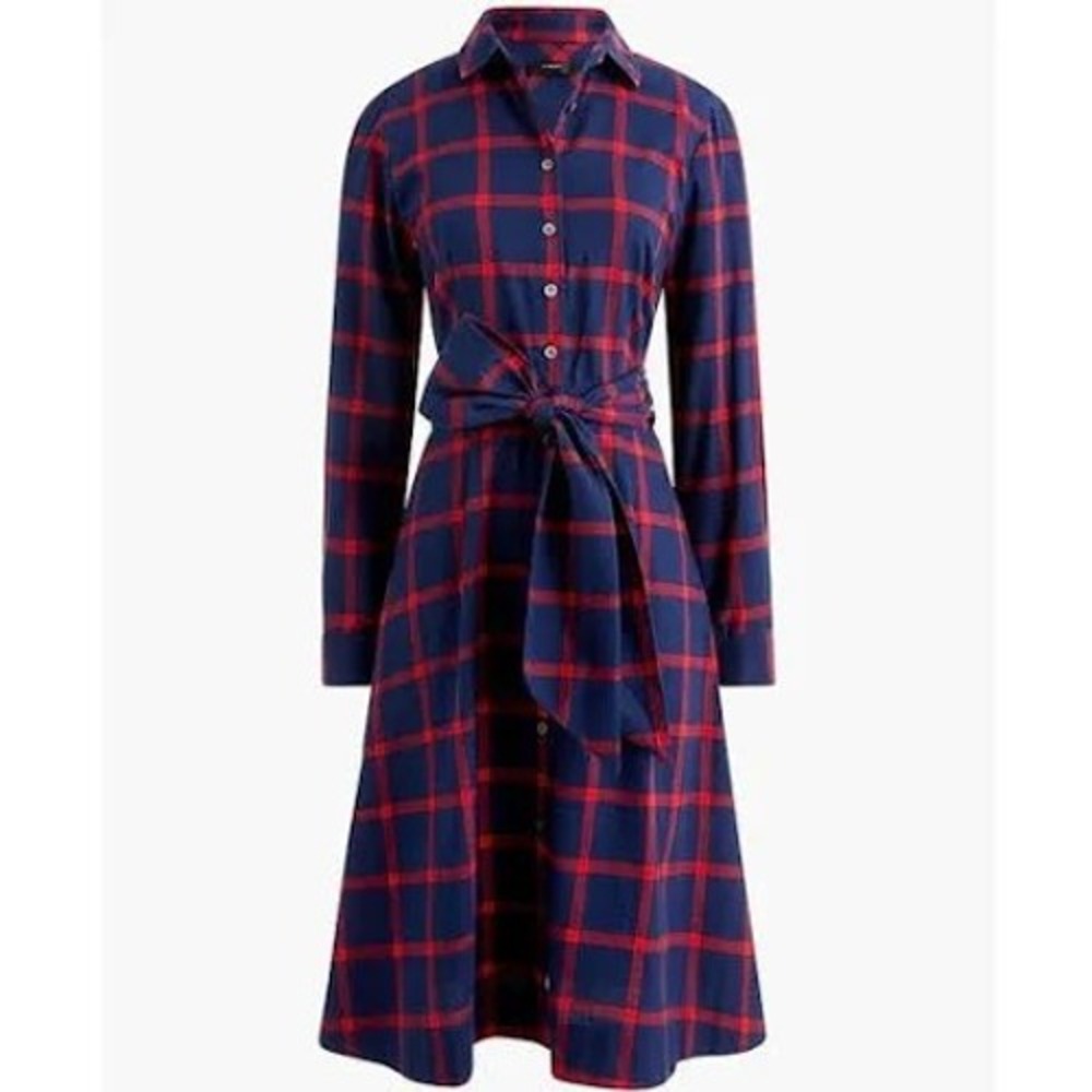 J.Crew Navy Red Plaid Cotton Shirt Dress Long Sleeve Tie Waist Size 12